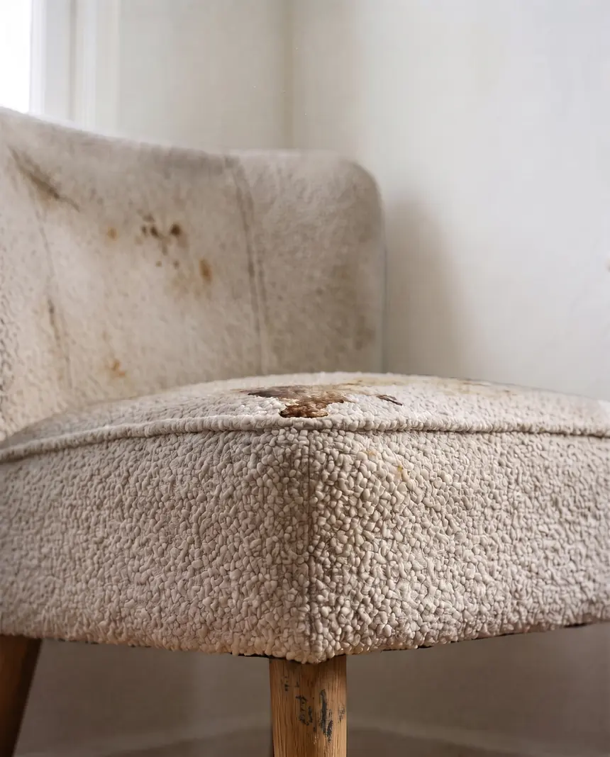 Boucle dining chair before cleaning: food spots on the seat and back