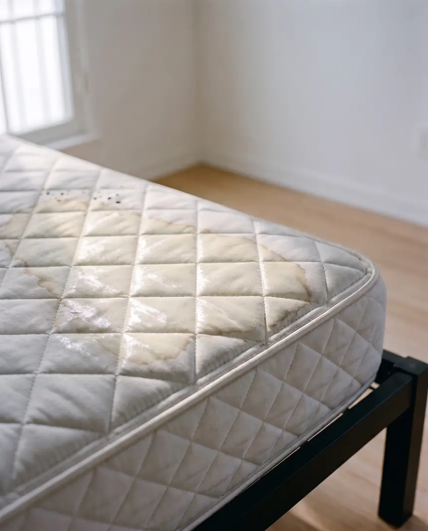 Quilted mattress before cleaning: yellowing and sweat marks
