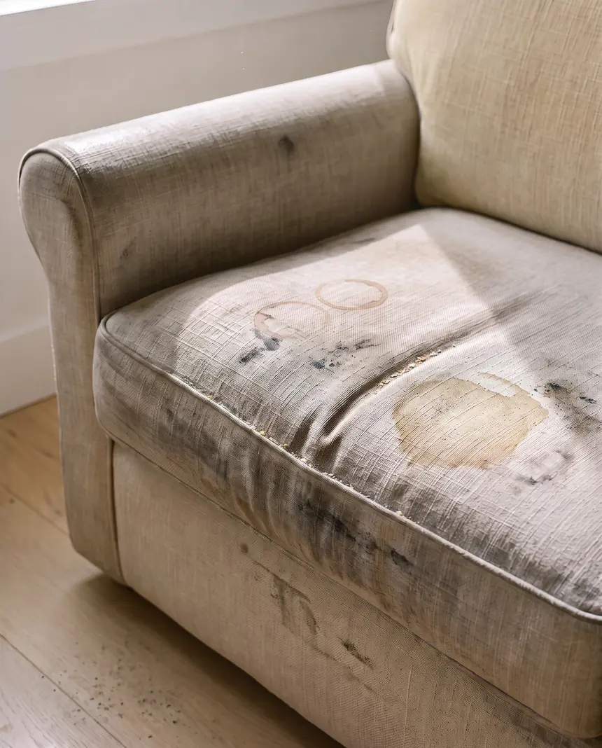 Sofa seat before cleaning: grey patches and body oil on light fabric
