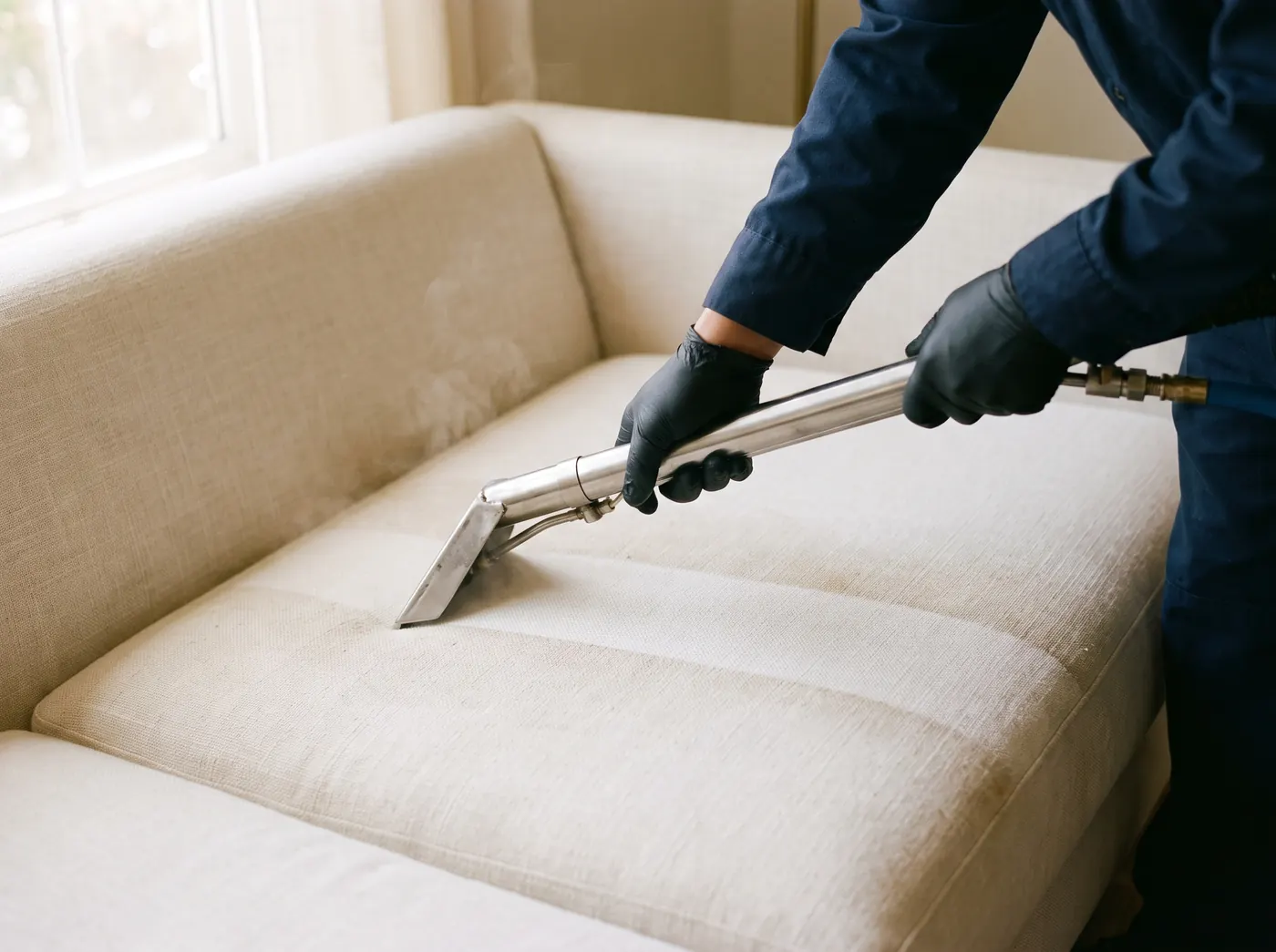 Gloved hands running a steam extractor wand along a cream sofa cushion