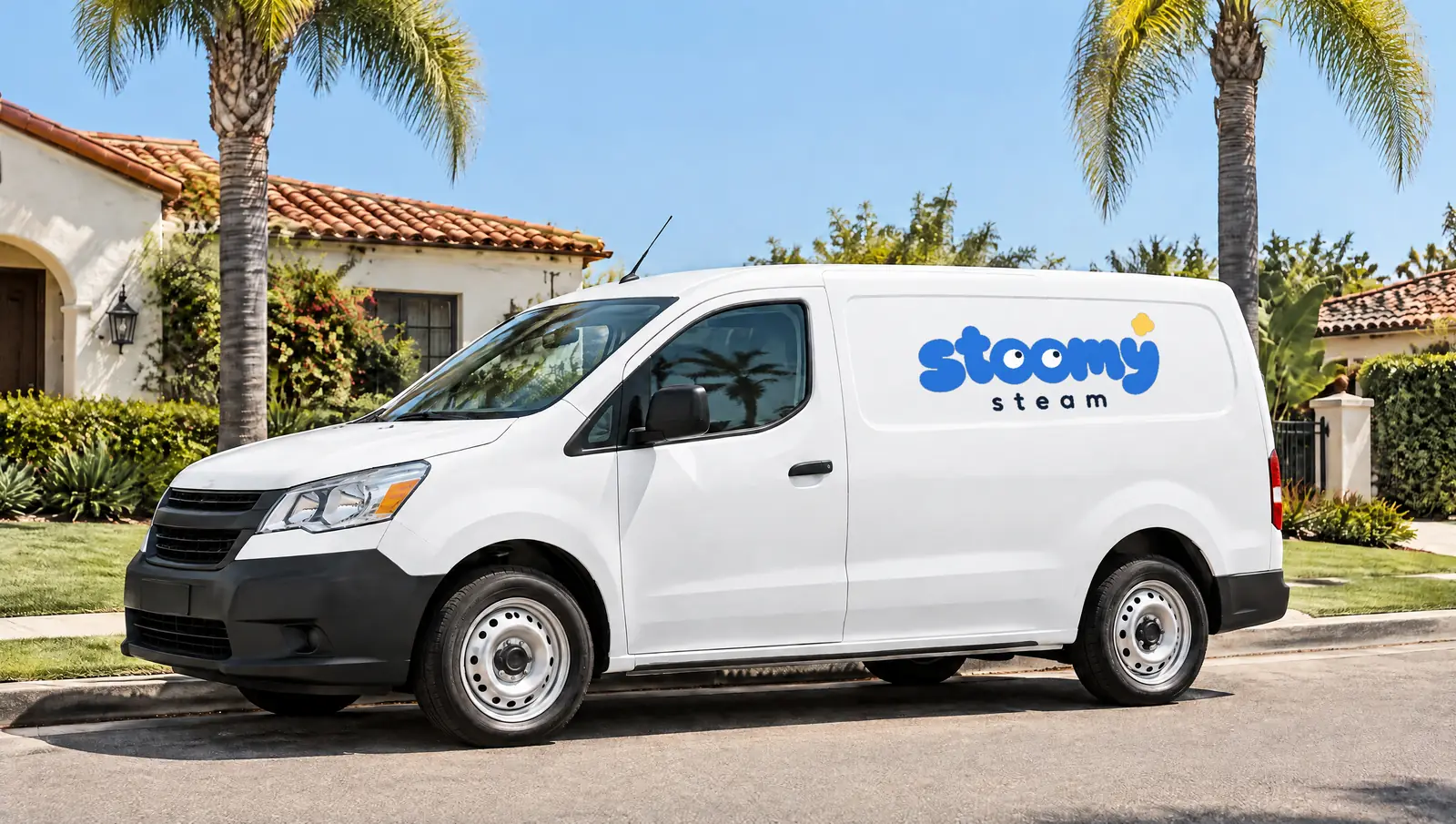 White Stoomy Steam van parked on a palm-lined street in Los Angeles