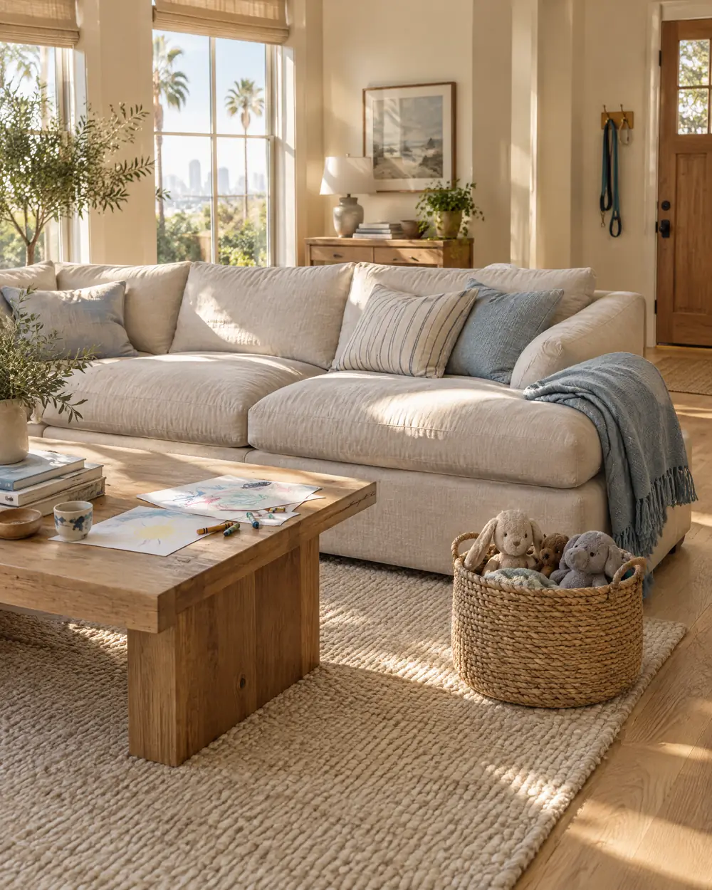 Sunny family living room with a large light linen sectional, kids' drawings on the coffee table and a basket of toys