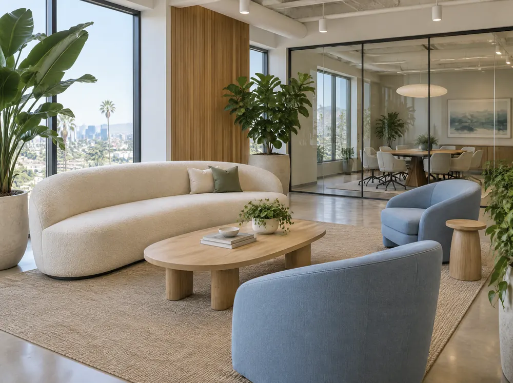 Office reception lounge with a curved cream sofa and two soft blue lounge chairs
