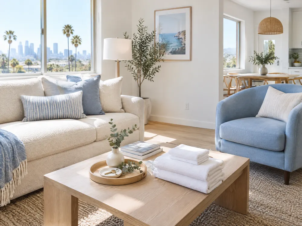 Guest-ready rental living room with a cream sofa, fresh towels and a key on a tray